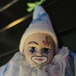 ADORABLE PORCELAIN BABY CLOWN W/ BABY BLUE OUTFIT& MATCHING HAT